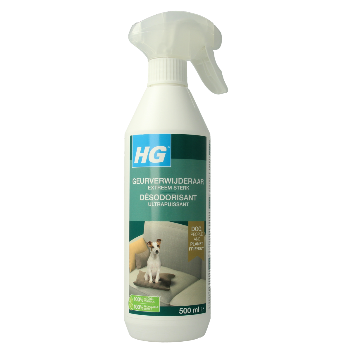 HG extreem sterke hond geurverwijderaar in 500ml spray bottle for effective pet odor elimination.
