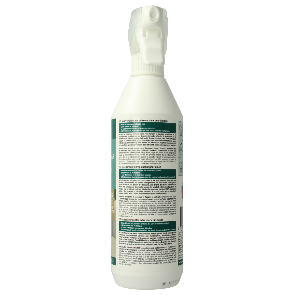 HG Geurverwijderaar extreem sterk voor honden, 500 ml, schoonmaakartikel with spray nozzle and label showing product details.