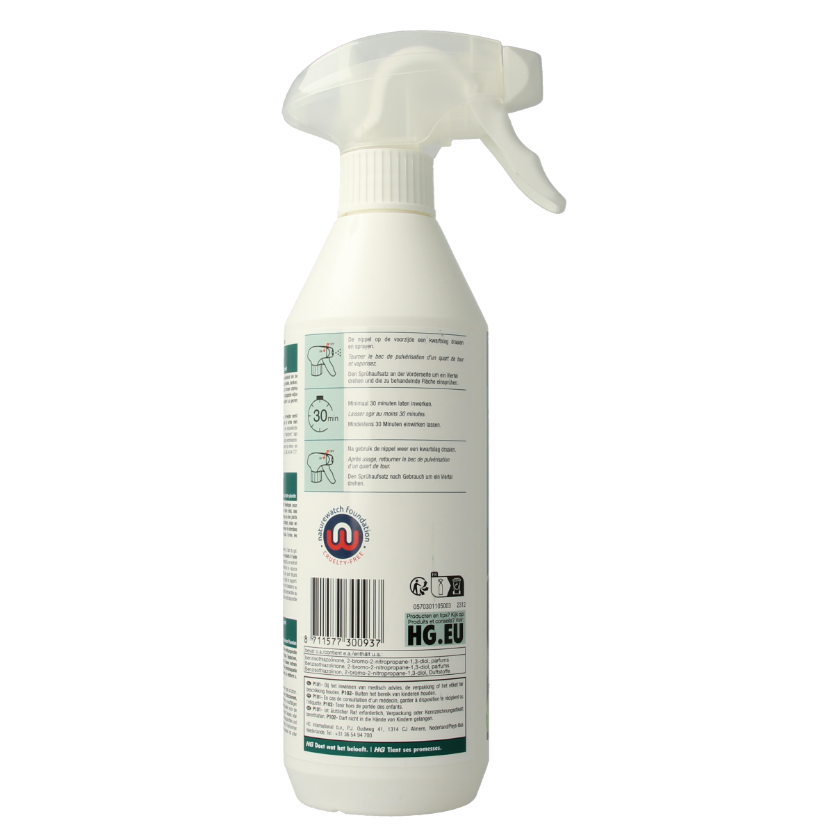 HG Geurverwijderaar extreem sterk kat, 500ml, a cleaning spray in a clear bottle with a spray nozzle, designed to eliminate strong odors.