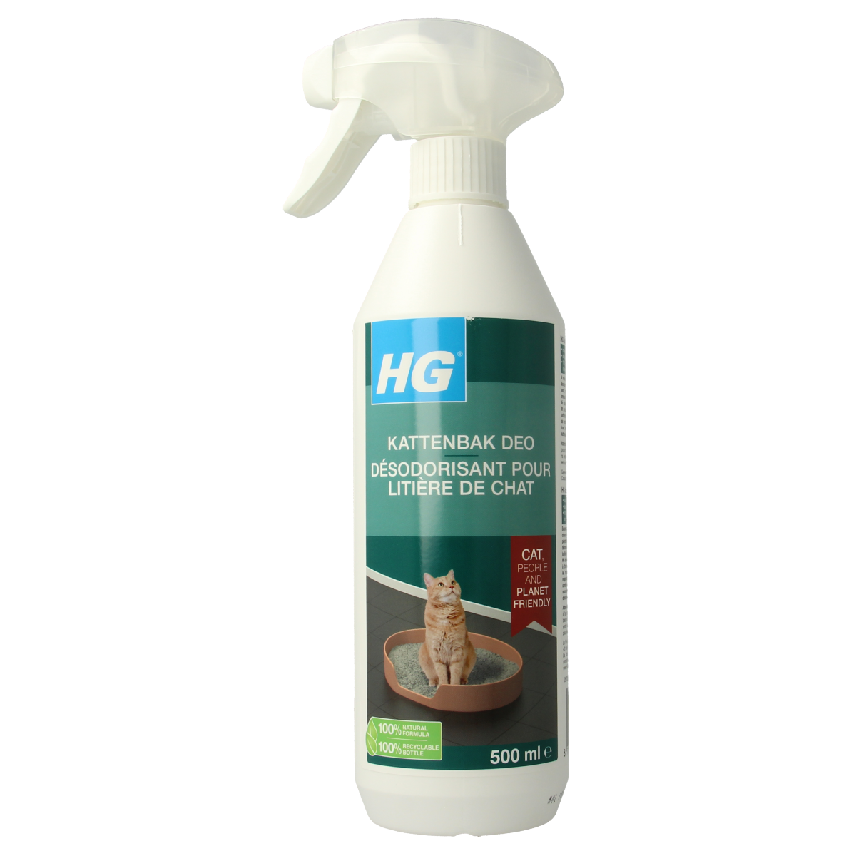 HG Kattenbak Deo 500ml pet deodorizer spray for litter boxes, neutralizes odors and freshens the environment for cats.