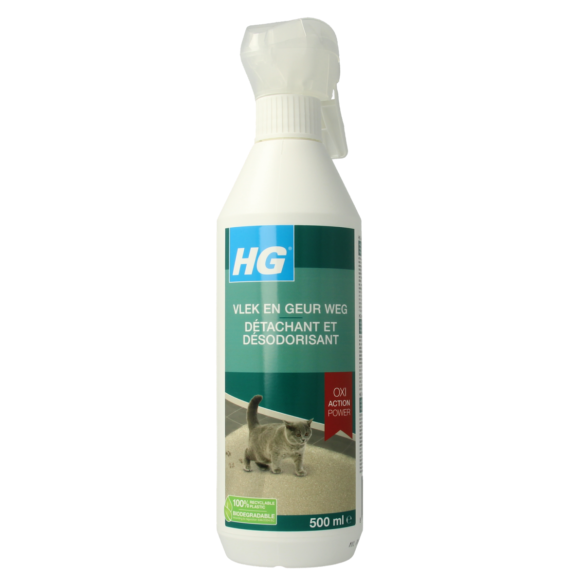 HG Vlek & geur weg kat 500ml cleaning spray for removing stains and odors from carpets and upholstery.