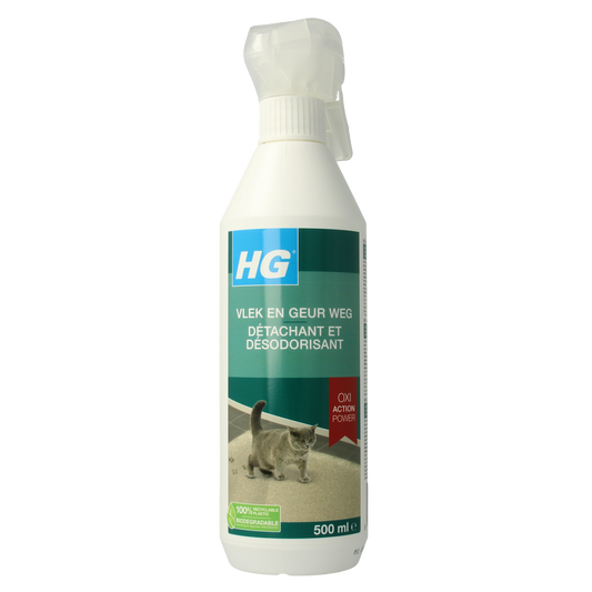 HG Vlek & geur weg kat 500ml cleaning spray for removing stains and odors from carpets and upholstery.