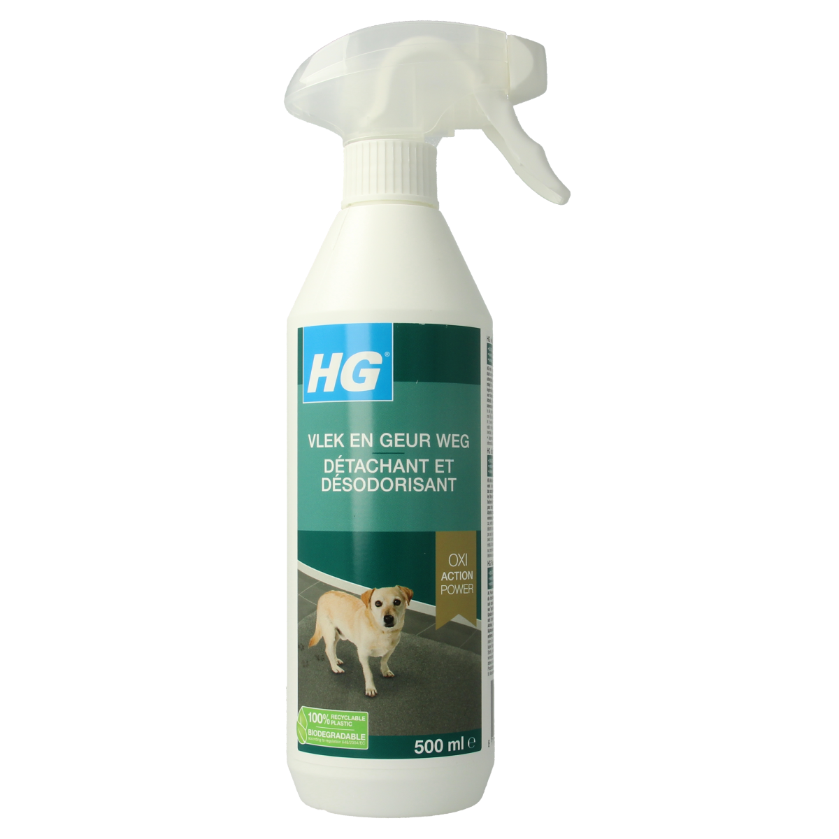 HG Vlek en geur weg hond spray, 500ml, pet stain and odor remover for dogs, clear liquid in a spray bottle.