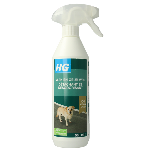 HG Vlek en geur weg hond spray, 500ml, pet stain and odor remover for dogs, clear liquid in a spray bottle.