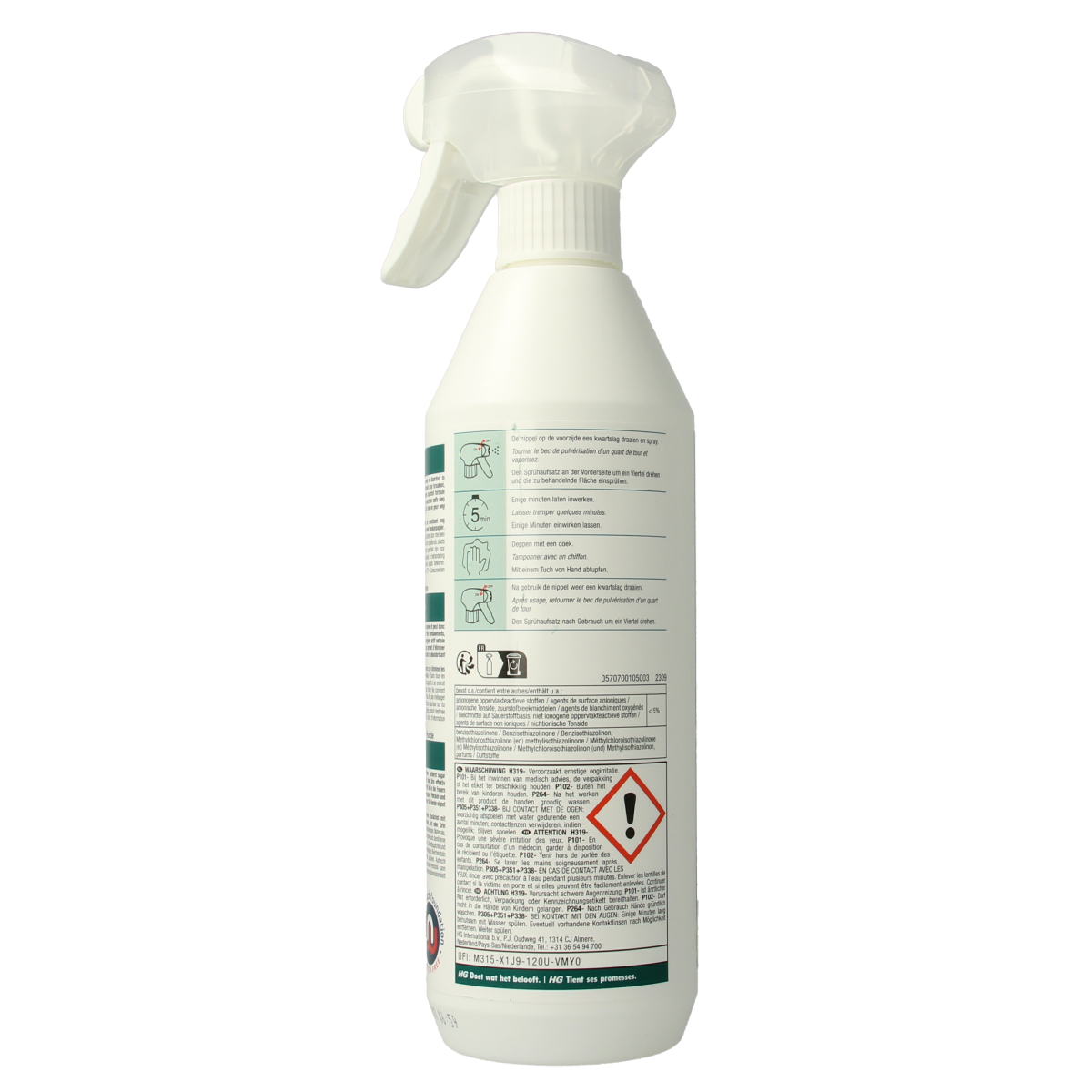 HG Vlek & geur weg hond 500ml pet stain and odor remover for dogs, showing the bottle with label and cleaning spray nozzle.