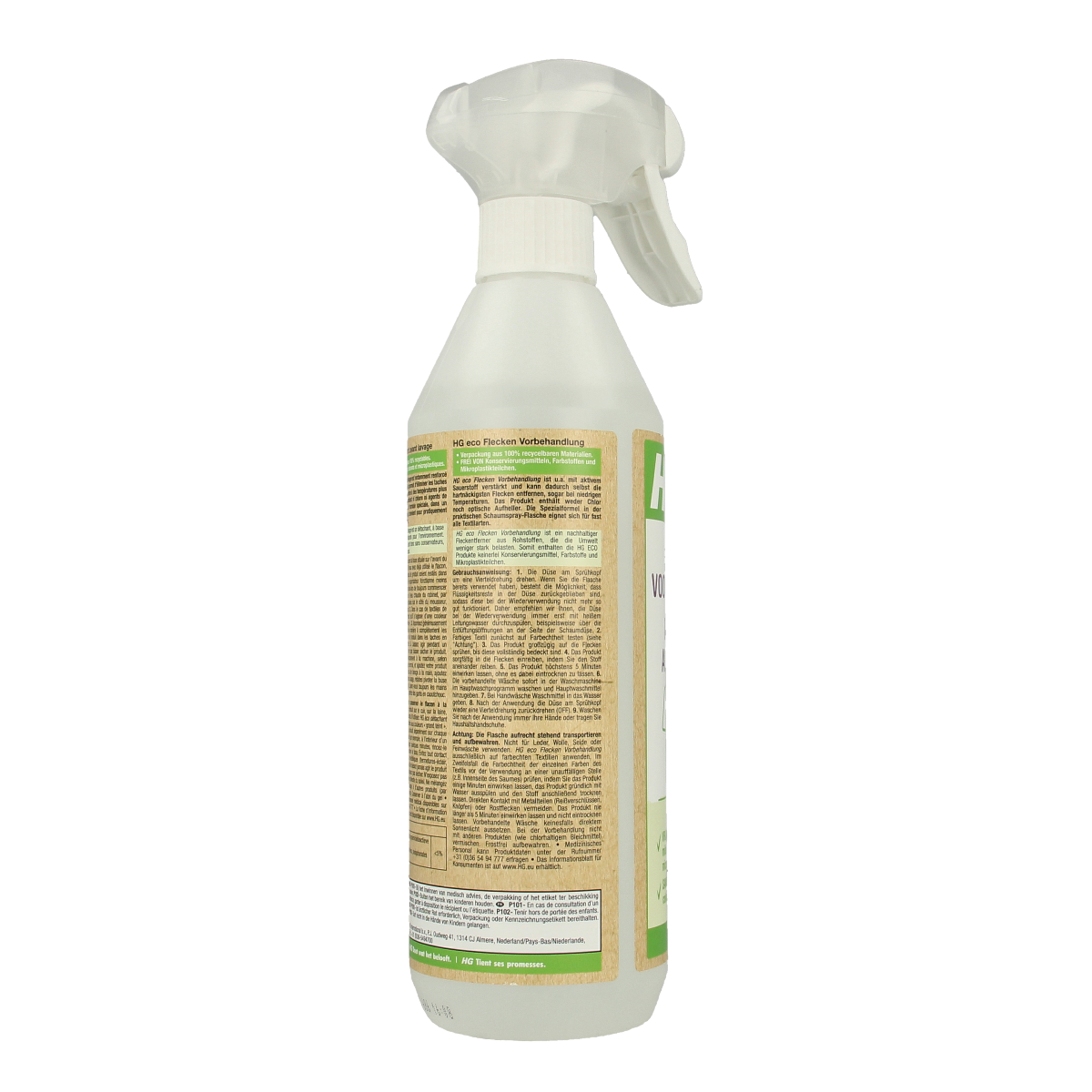 HG Eco vlek voorbehandeling schoonmaakartikel in 500ml bottle, designed for stain pre-treatment and stain removal.