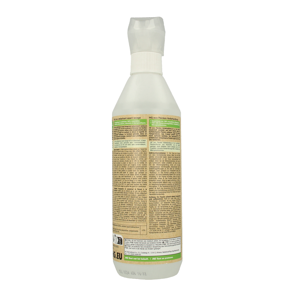 HG Eco stain pre-treatment bottle, 500ml, for stain removal and fabric cleaning, shown in the product image.