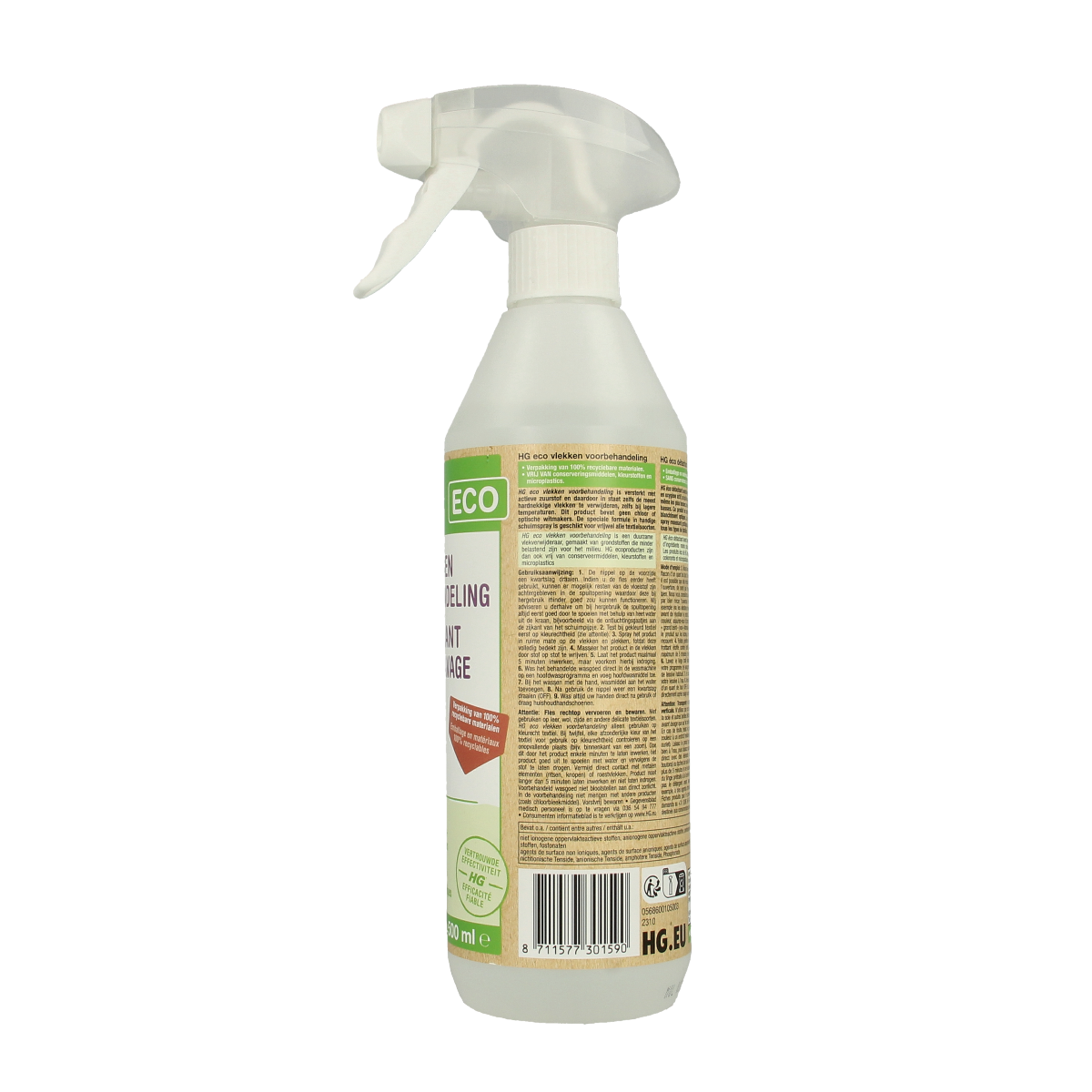 HG Eco vlek voorbehandeling in 500ml bottle, cleaning product for stain pre-treatment in household cleaning.