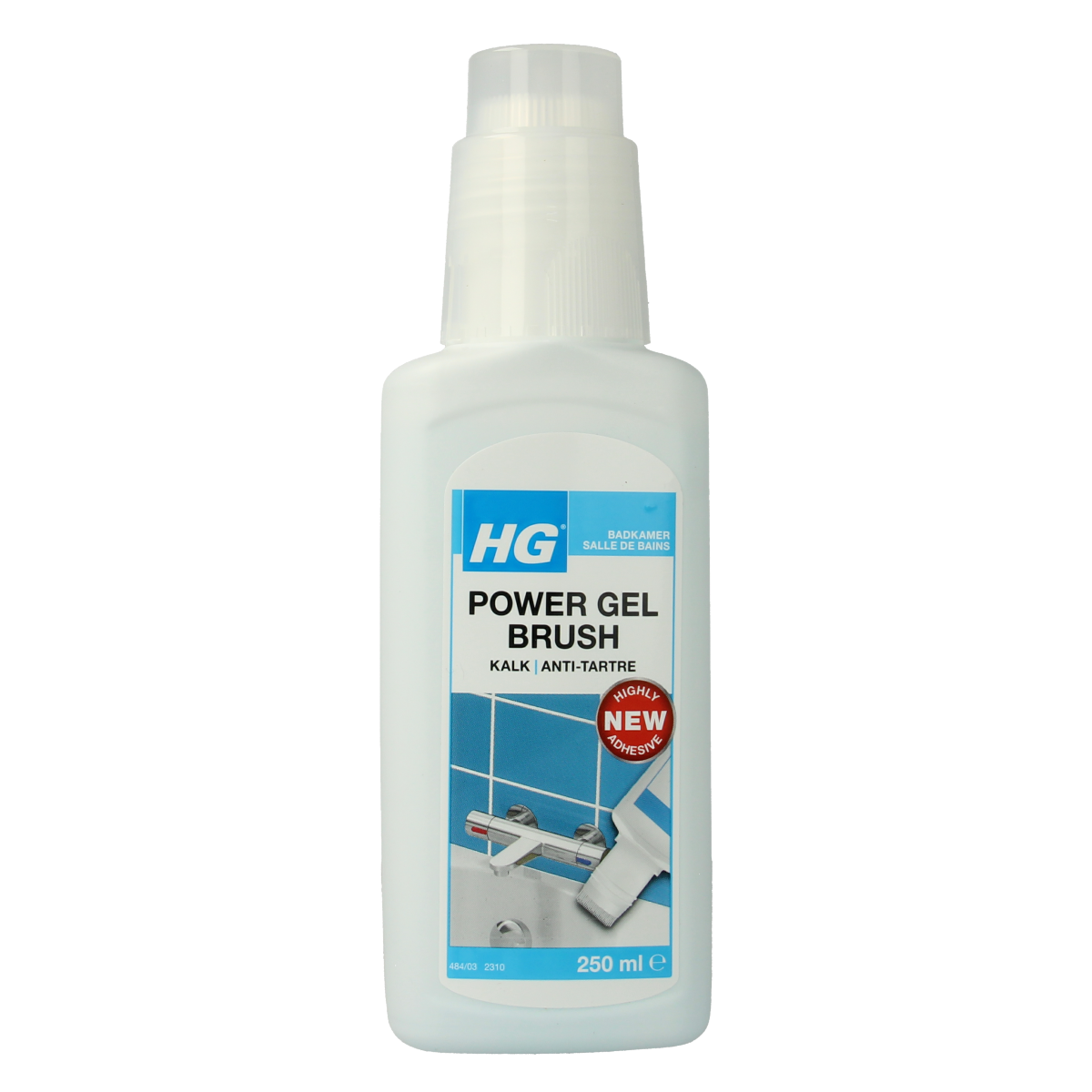 HG Power Gel Brush Kalk cleaning gel in a 250ml bottle, designed for tough limescale removal and easy bathroom cleaning.