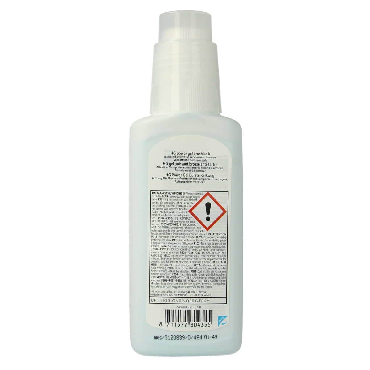 HG Power Gel Brush Kalk cleaner in a 250ml bottle, designed for effective limescale removal in household cleaning.