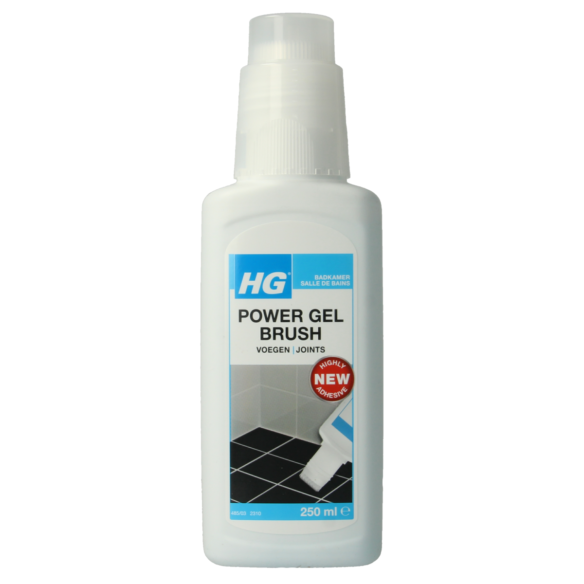 HG Power Gel brush voegen cleaner in 250ml bottle, designed for effective grout and tile cleaning in household cleaning products.