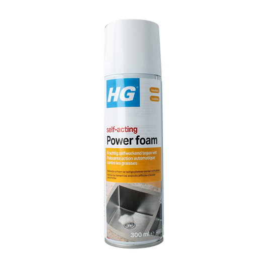 HG Power Foam Kitchen cleaner bottle, 300ml, with a white and green label, designed for effective kitchen cleaning.