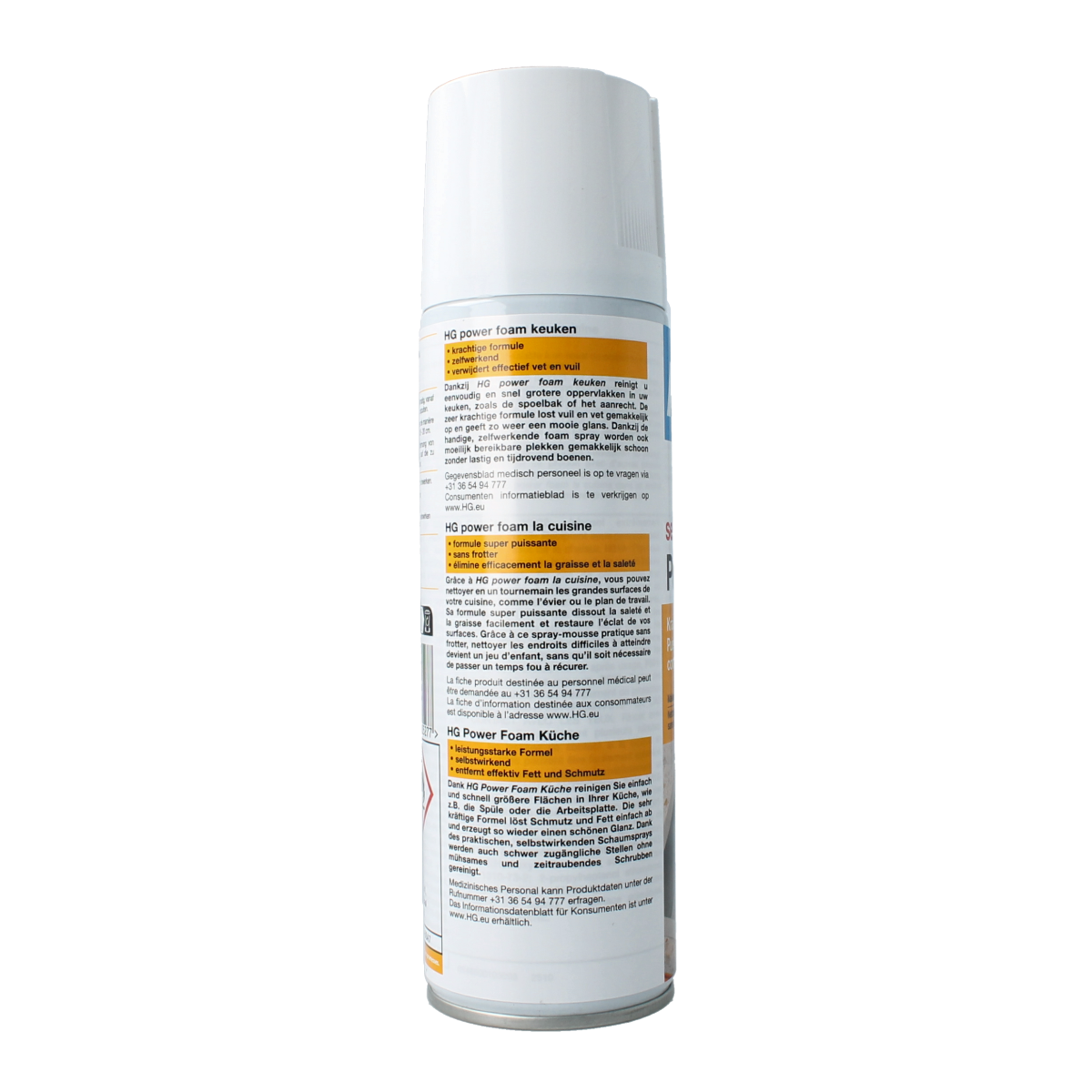 HG Power Foam kitchen cleaner in 300ml bottle, showing the foaming spray nozzle and label on the packaging.