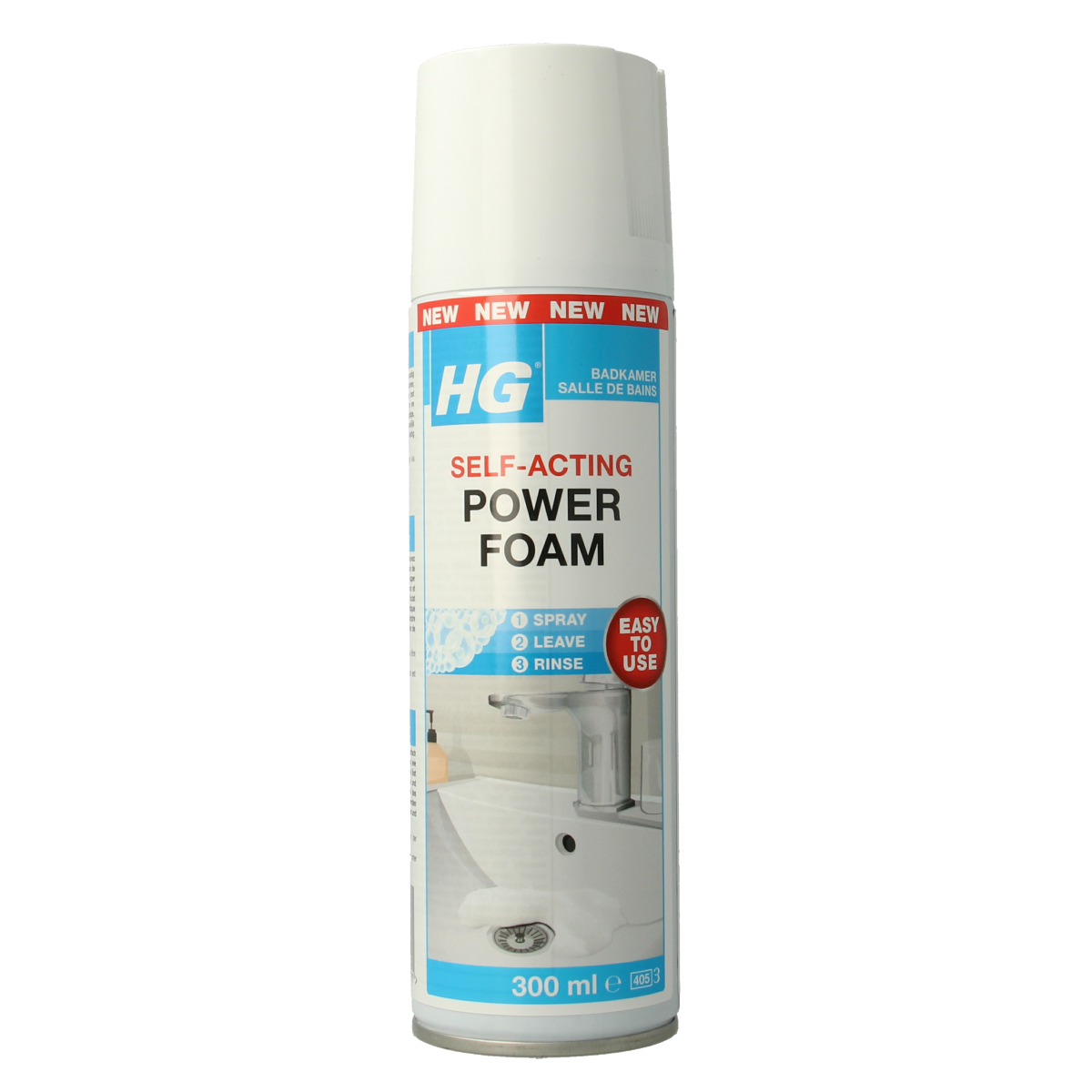 HG Power Foam badkamer schoonmaakmiddel in 300ml bottle, used for cleaning bathroom surfaces and fixtures.