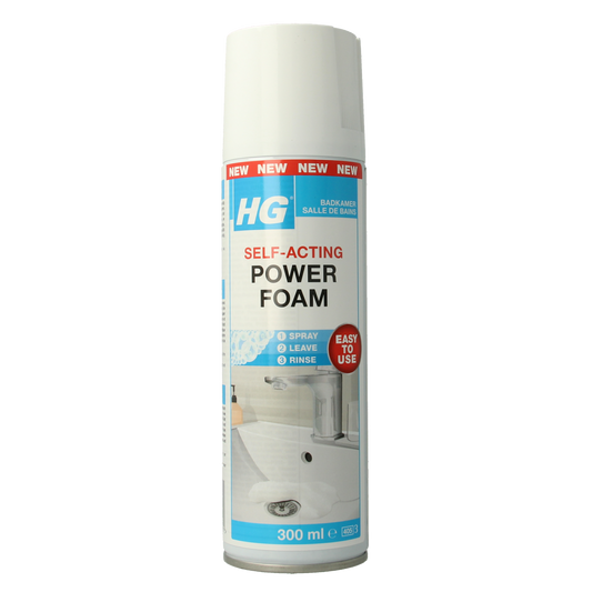 HG Power Foam badkamer schoonmaakmiddel in 300ml bottle, used for cleaning bathroom surfaces and fixtures.