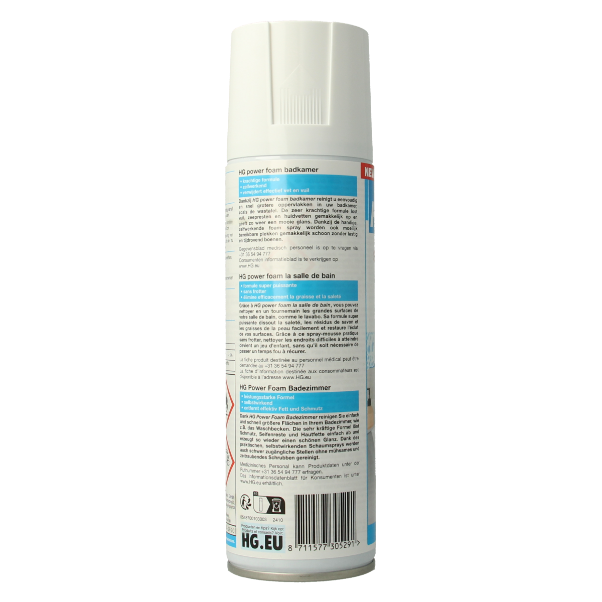HG Power Foam badkamer cleaning spray in 300ml bottle, designed for bathroom surfaces and fixtures.