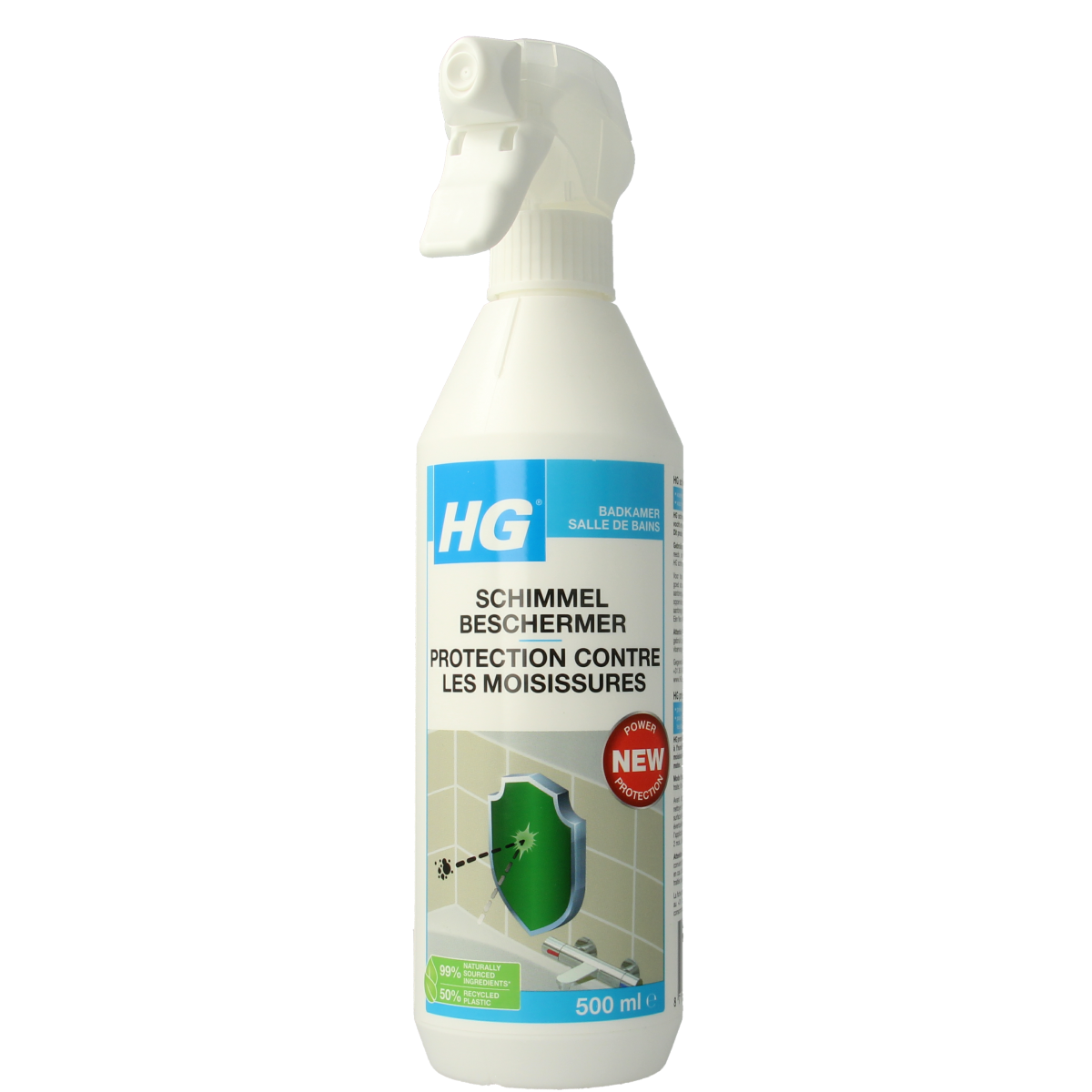 HG Schimmelbeschermer 500ml spray bottle for mold prevention and cleaning of bathroom surfaces.