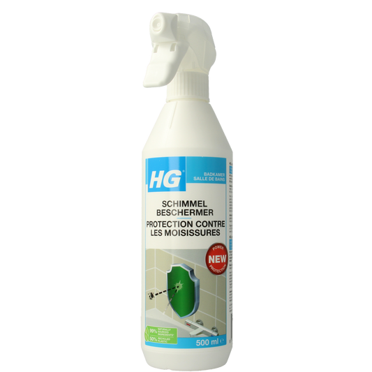 HG Schimmelbeschermer 500ml spray bottle for mold prevention and cleaning of bathroom surfaces.