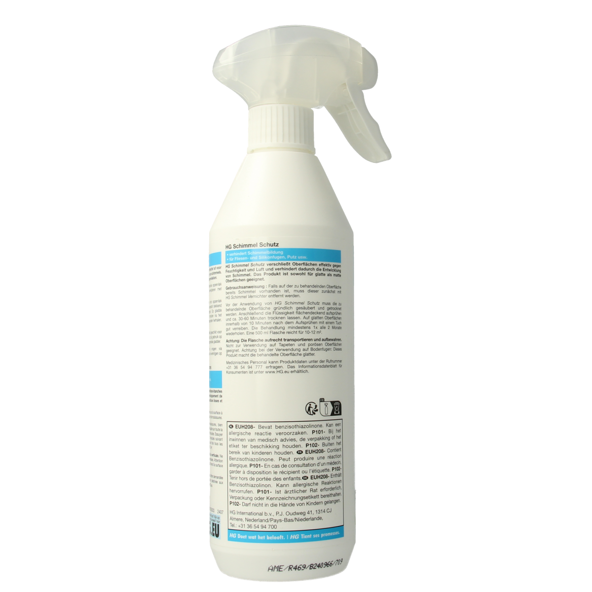 HG Schimmel Beschermer spray bottle, 500ml, mold and mildew remover from HG, in a clear spray bottle with label and nozzle.