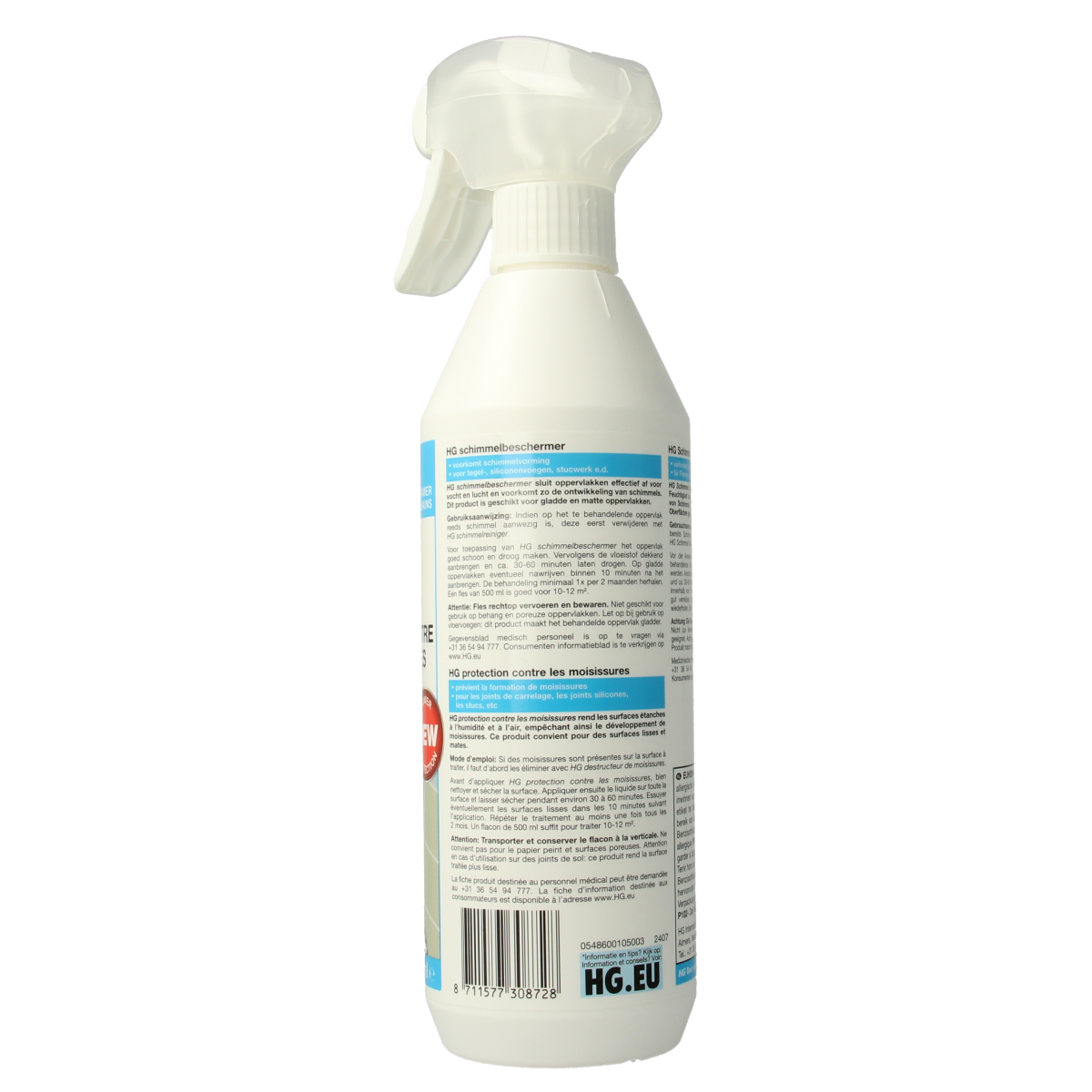 HG Schimmel Beschermer spray bottle, 500ml, mold and mildew remover from HG cleaning products, with label and nozzle visible.