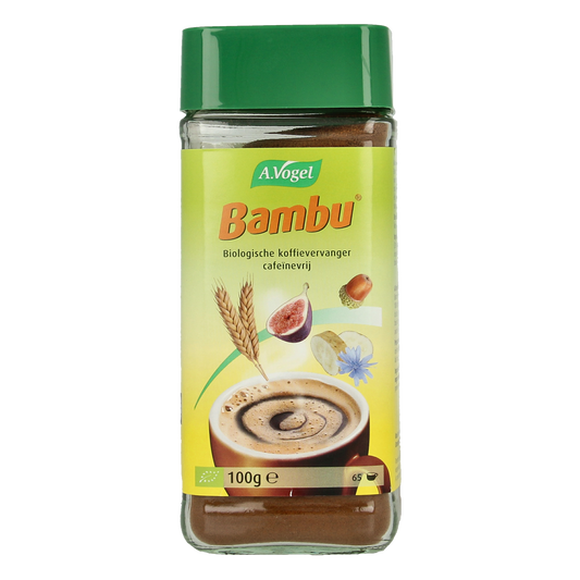 A Vogel Bambu koffie bio 100g, organic coffee in a bag, with a natural bamboo design and product label visible.