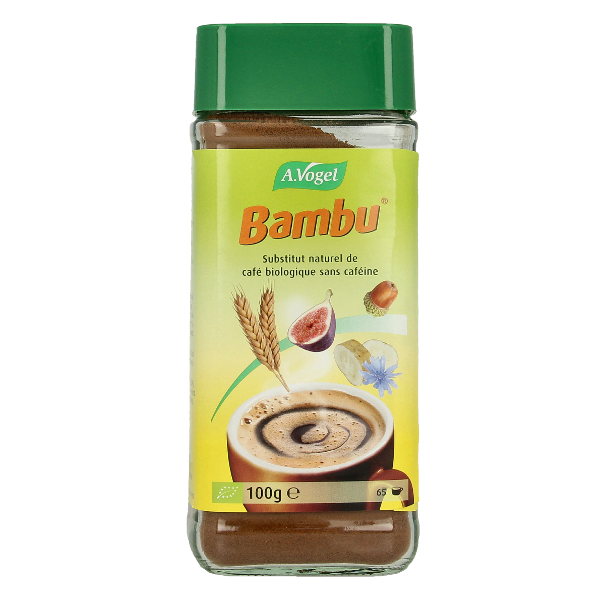 A Vogel Bambu bio koffie, 100g, in a coffee package with a bamboo-themed design, for organic coffee and tea lovers.