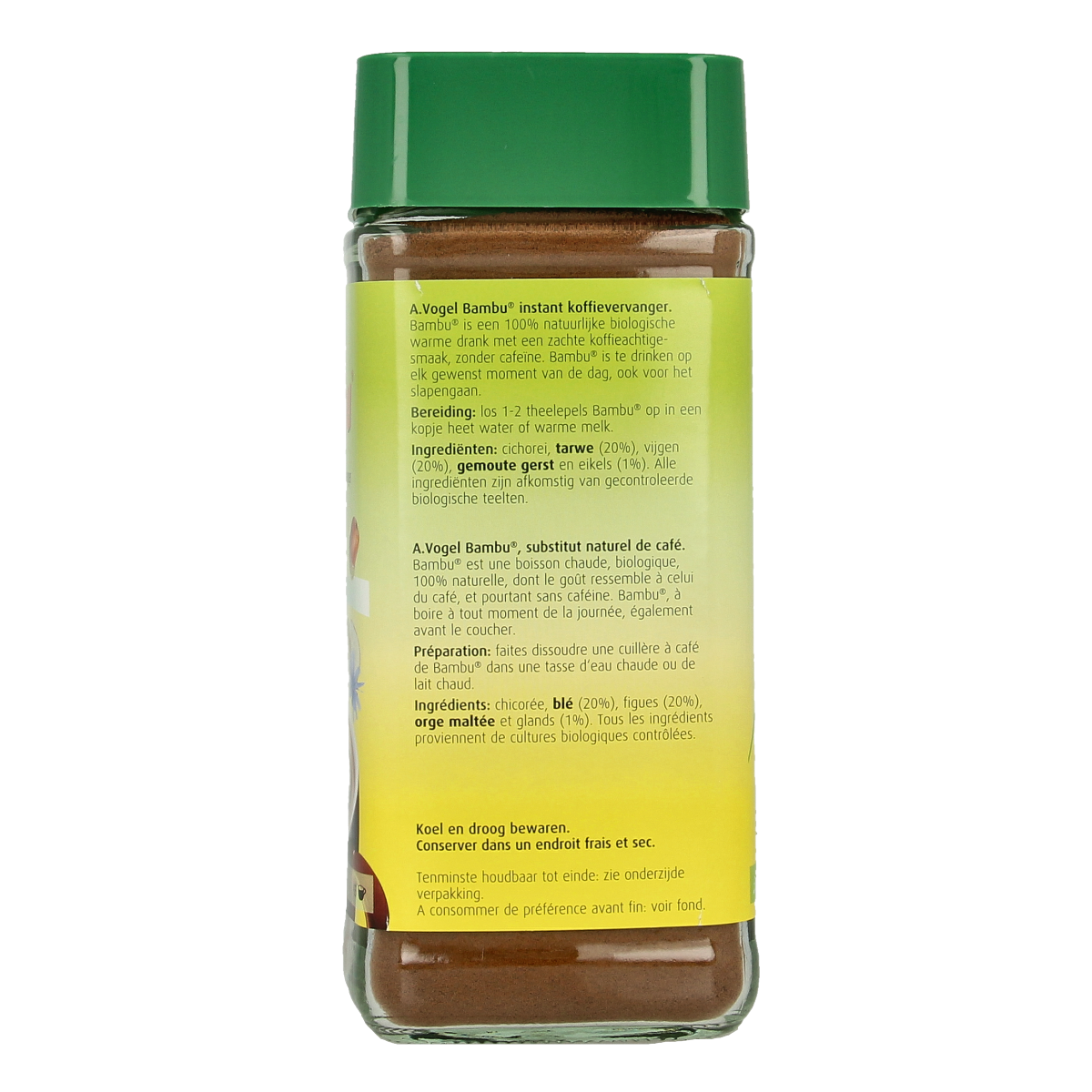 A Vogel Bambu bio koffie 100g, organic coffee package with green and white design, showcasing the product label and branding.