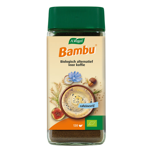 Organic A Vogel Bambu koffie in a 200g package, showcasing fresh coffee beans and eco-friendly packaging.