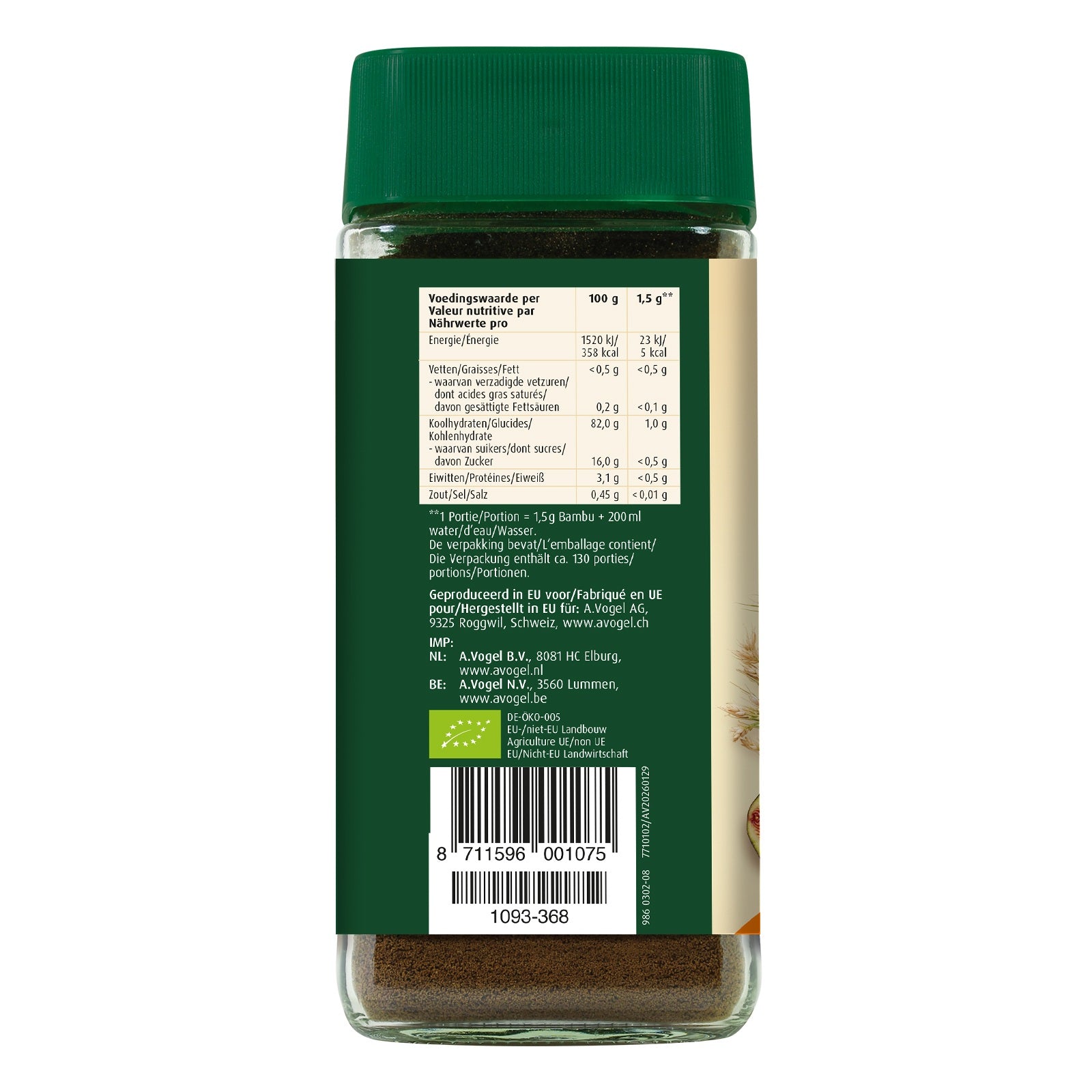 A Vogel Bambu koffie bio 200g, organic coffee in a clear bag with a label, showcasing fresh coffee beans inside.