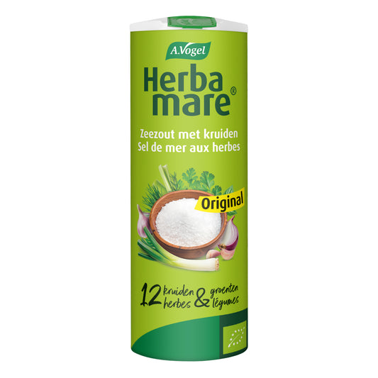 A Vogel Herbamare kruidenzout bio in a 125g jar, featuring mixed herbs and sea salt for seasoning and cooking.