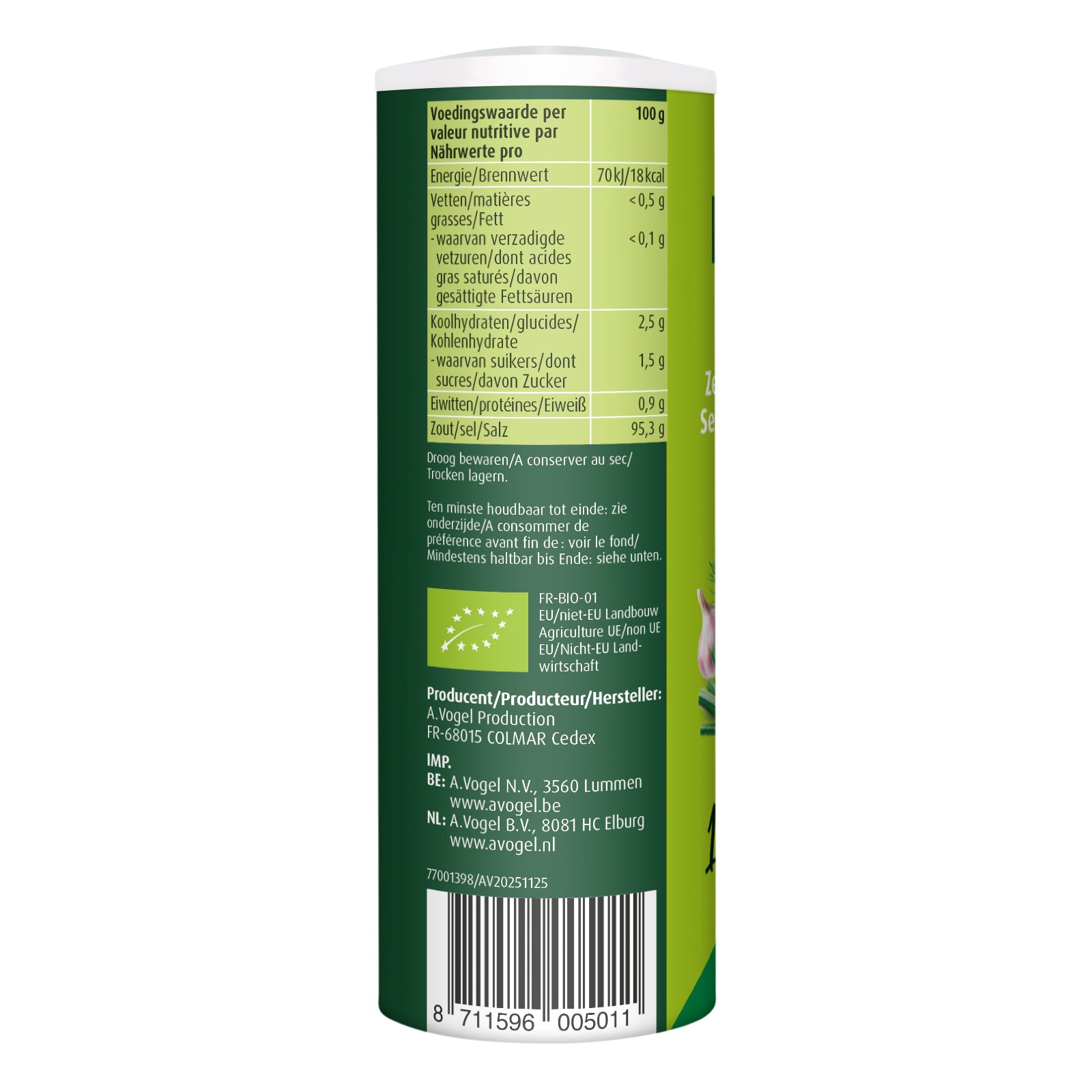A Vogel Herbamare kruidenzout bio in a 125g jar, featuring a blend of herbs and sea salt for flavorful cooking.