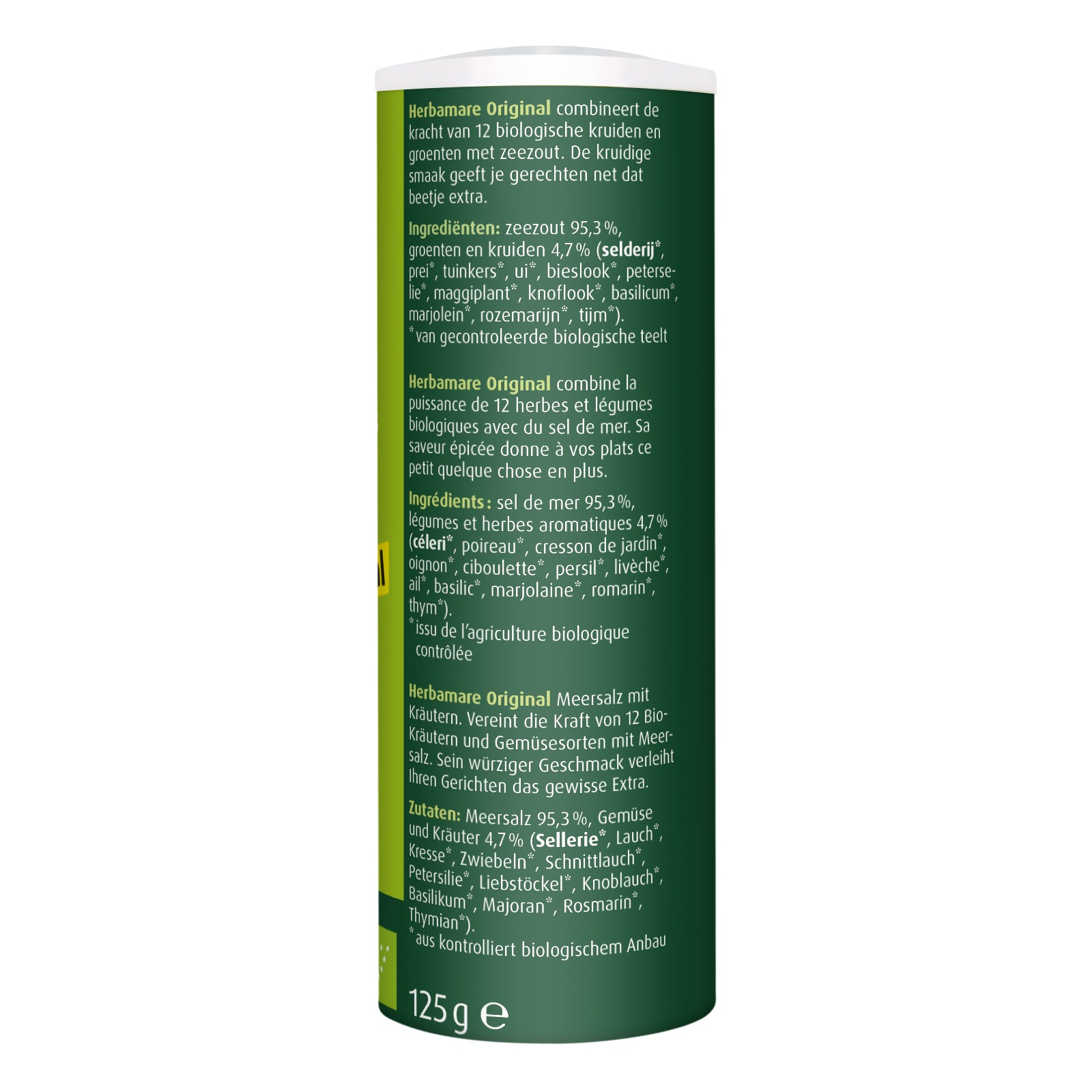 A Vogel Herbamare kruidenzout bio in 125g jar, with a salt and herb blend for seasoning and cooking.