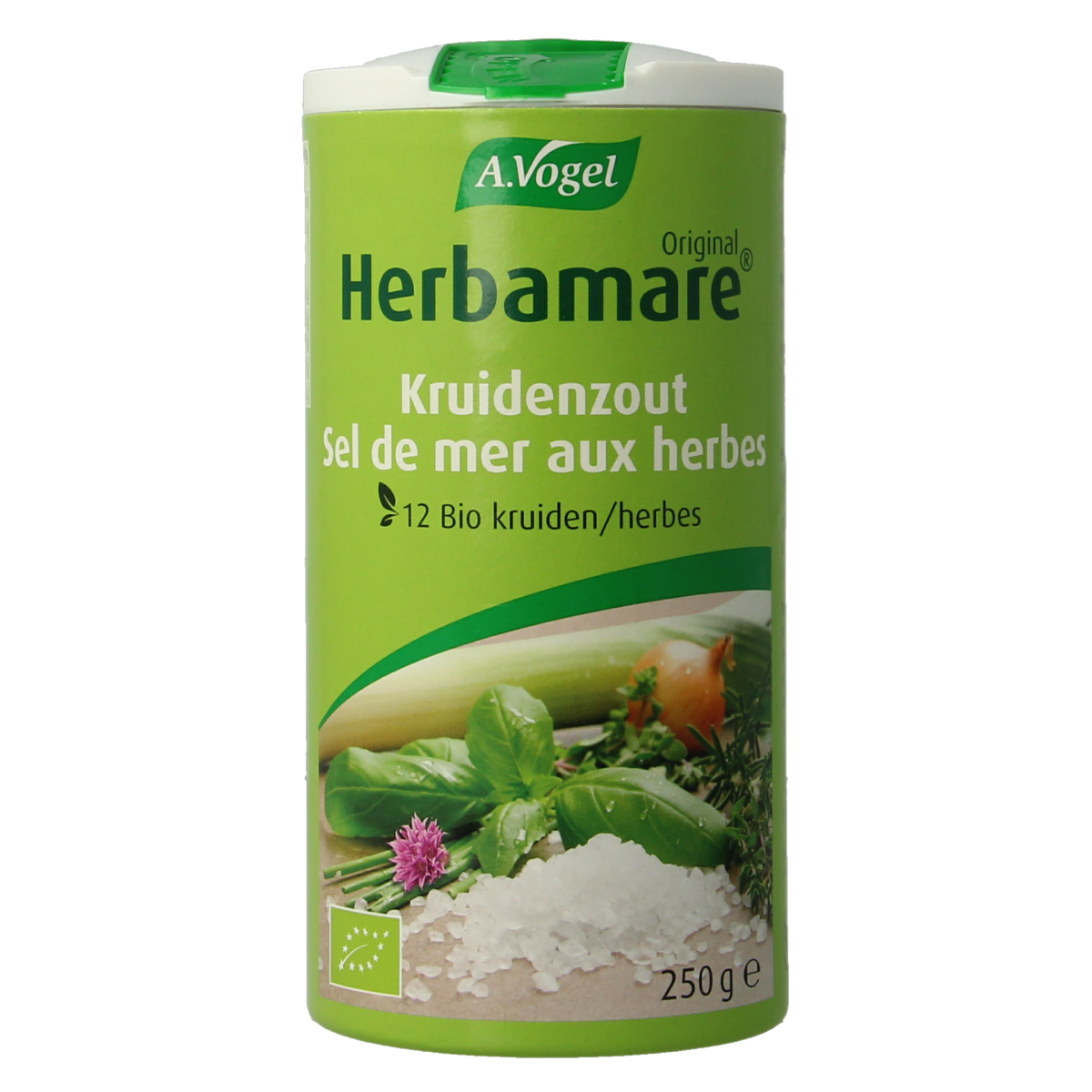 A Vogel Herbamare kruidenzout bio 250g jar with sea salt, herbs, and spices for seasoning and cooking.