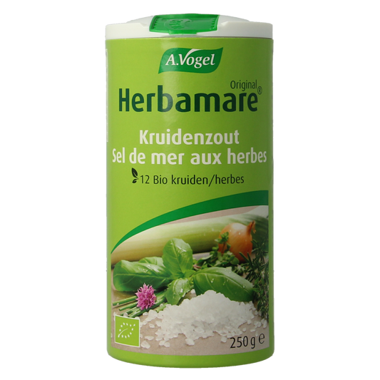 A Vogel Herbamare kruidenzout bio 250g jar with sea salt, herbs, and spices for seasoning and cooking.