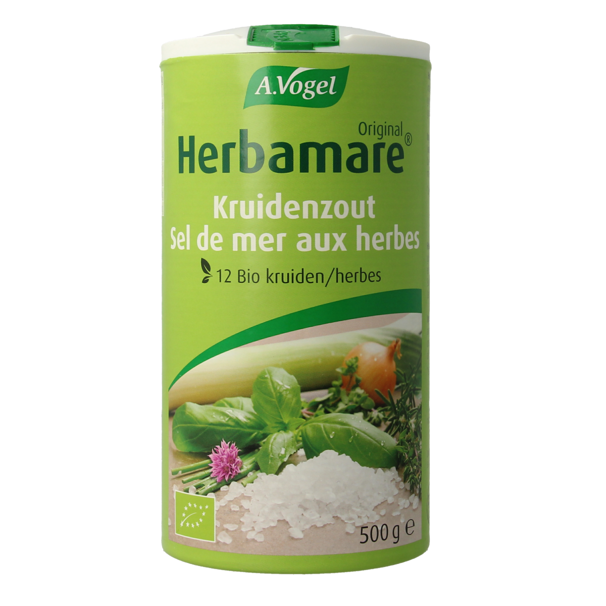 A Vogel Herbamare kruidenzout bio, 500g jar with a colorful label, containing organic herbal seasoned salt for cooking.