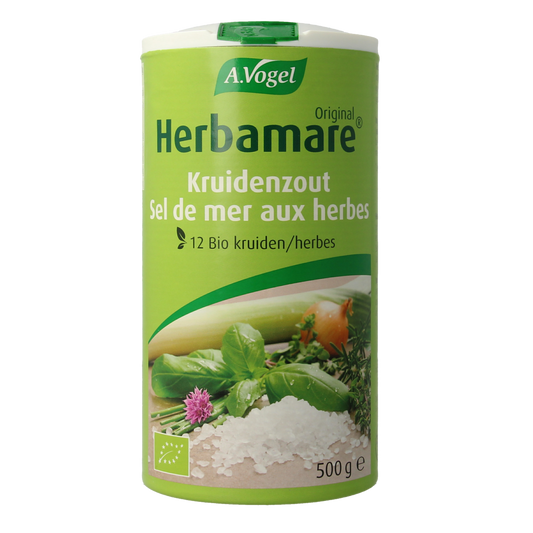 A Vogel Herbamare kruidenzout bio, 500g jar with a colorful label, containing organic herbal seasoned salt for cooking.