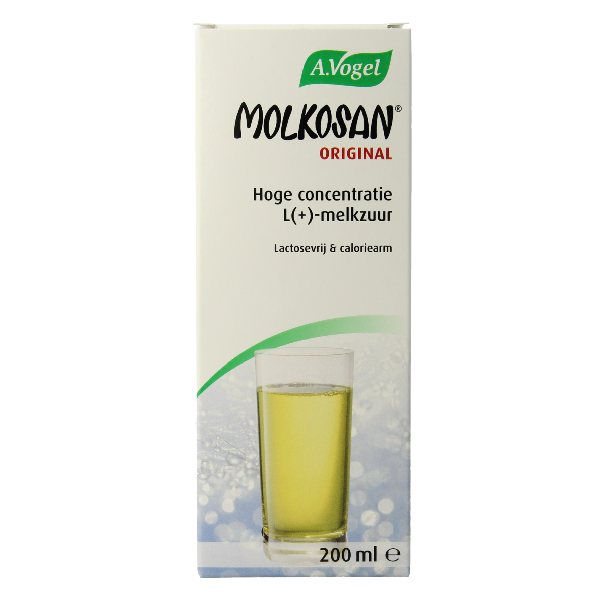 A Vogel Molkosan herbal supplement bottle with 200ml capacity, featuring the product label and packaging.