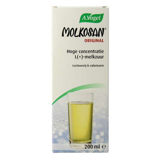 A Vogel Molkosan herbal supplement bottle with 200ml capacity, featuring the product label and packaging.