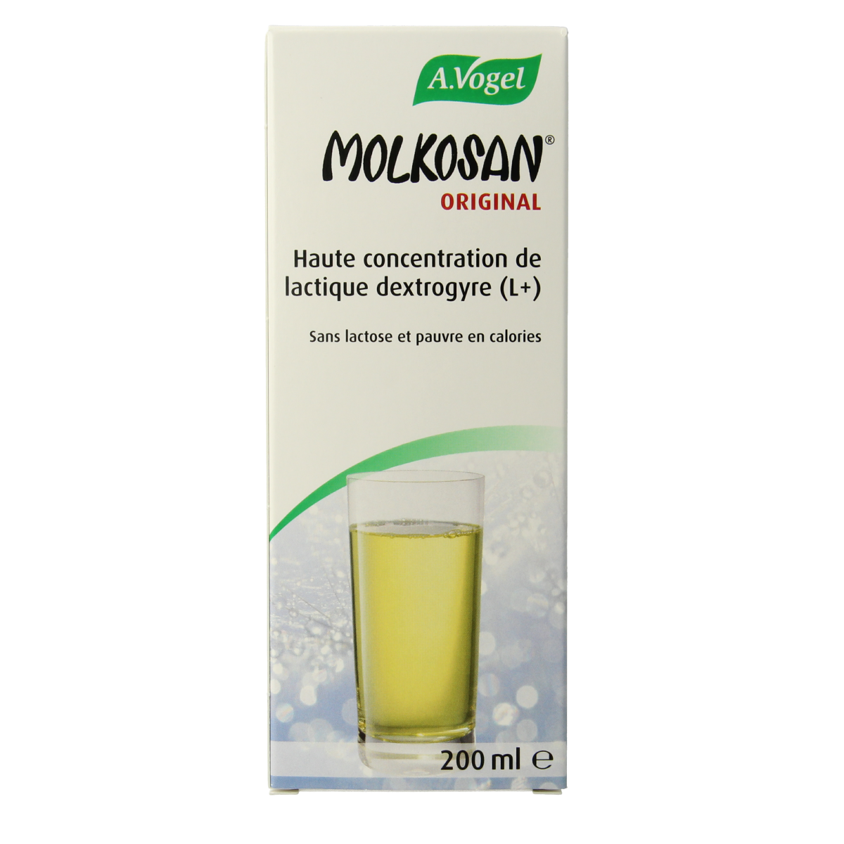A Vogel Molkosan herbal supplement bottle, 200ml, in a clear container with a white label and blue accents, on a white background.