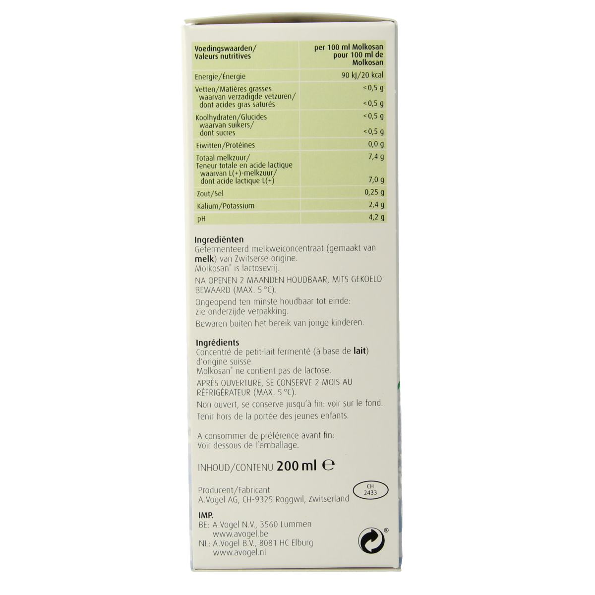 A Vogel Molkosan herbal preparation bottle, 200ml, in a clear container with a label showing the brand and product details.