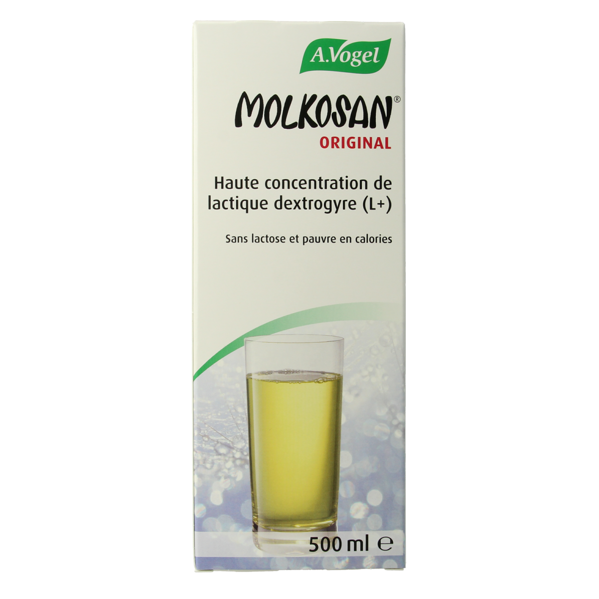 A Vogel Molkosan probiotic supplement in 500ml herbal preparation bottle on a white background