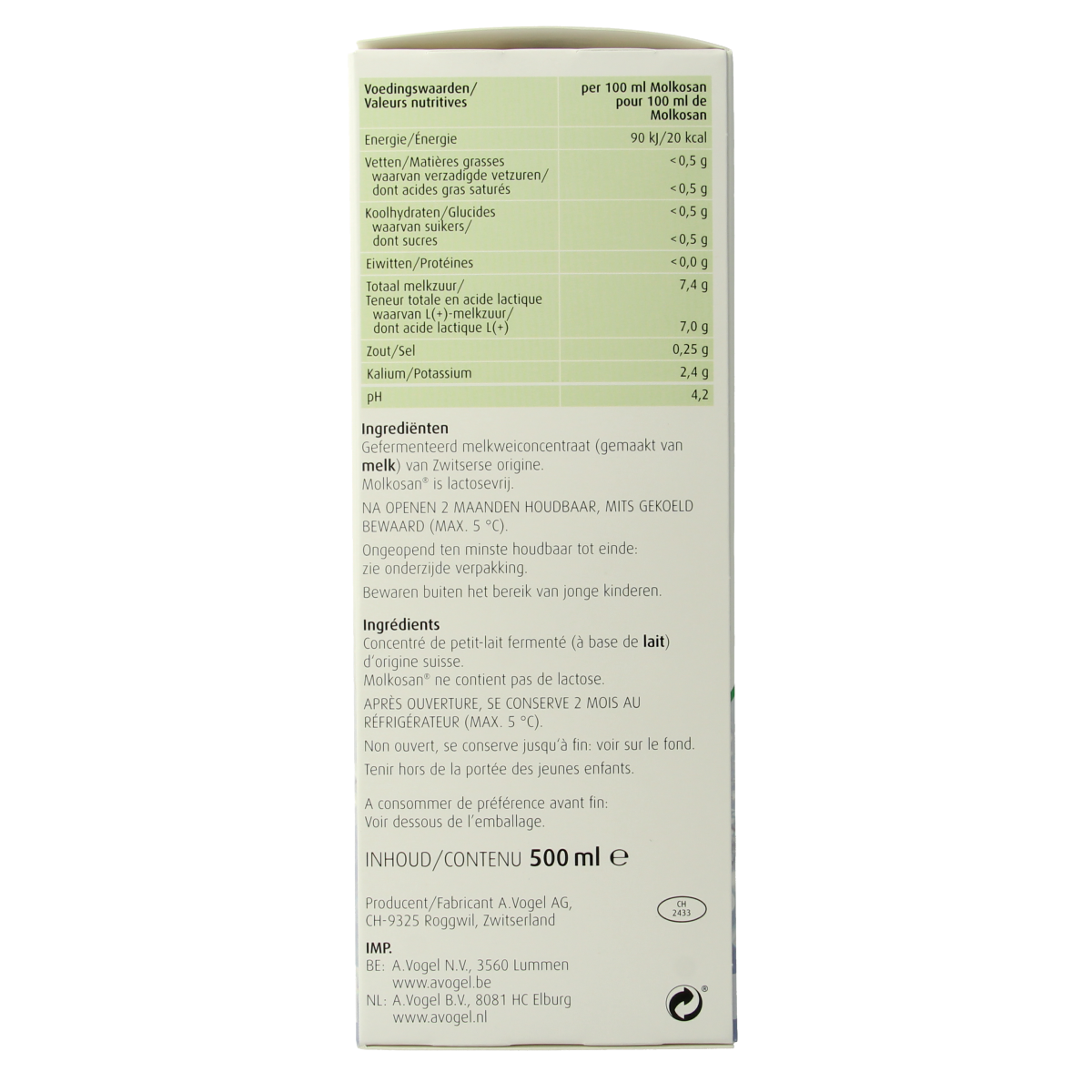 A Vogel Molkosan herbal supplement bottle, 500ml, in a clear plastic container with label, for digestive health.