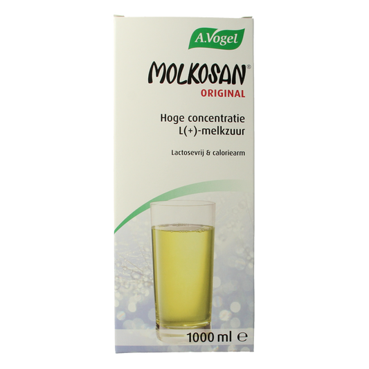 A Vogel Molkosan herbal supplement in a 1-liter bottle, part of the Kruidenpreparaten range, with label and cap visible.
