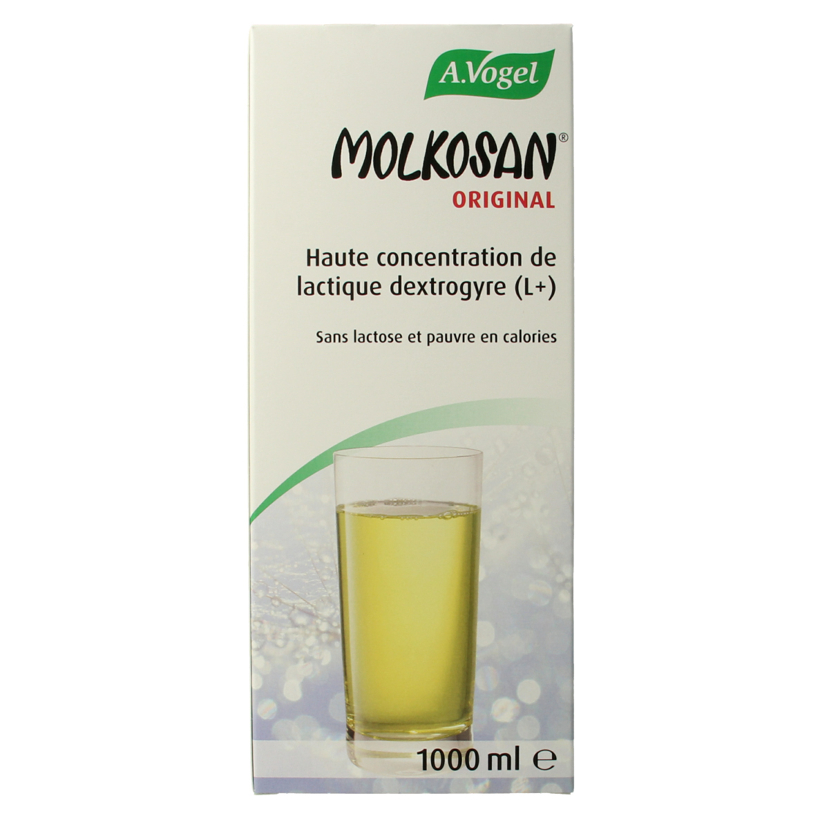 A Vogel Molkosan herbal preparation in a 1-liter bottle, featuring a clear label with the A Vogel brand logo and product details.