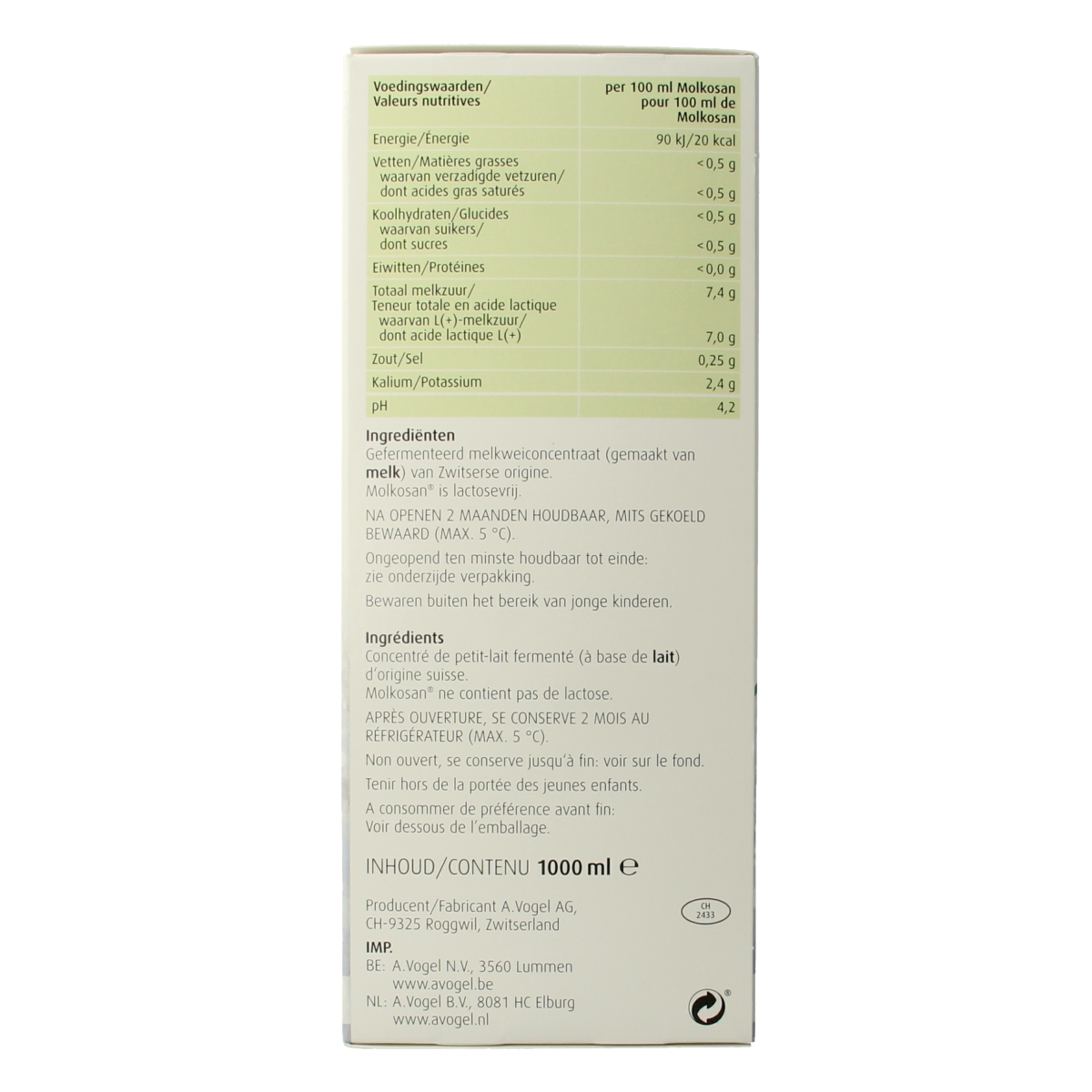 A Vogel Molkosan herbal supplement in a 1-liter bottle, part of the Kruidenpreparaten line, with a label showing the product details.