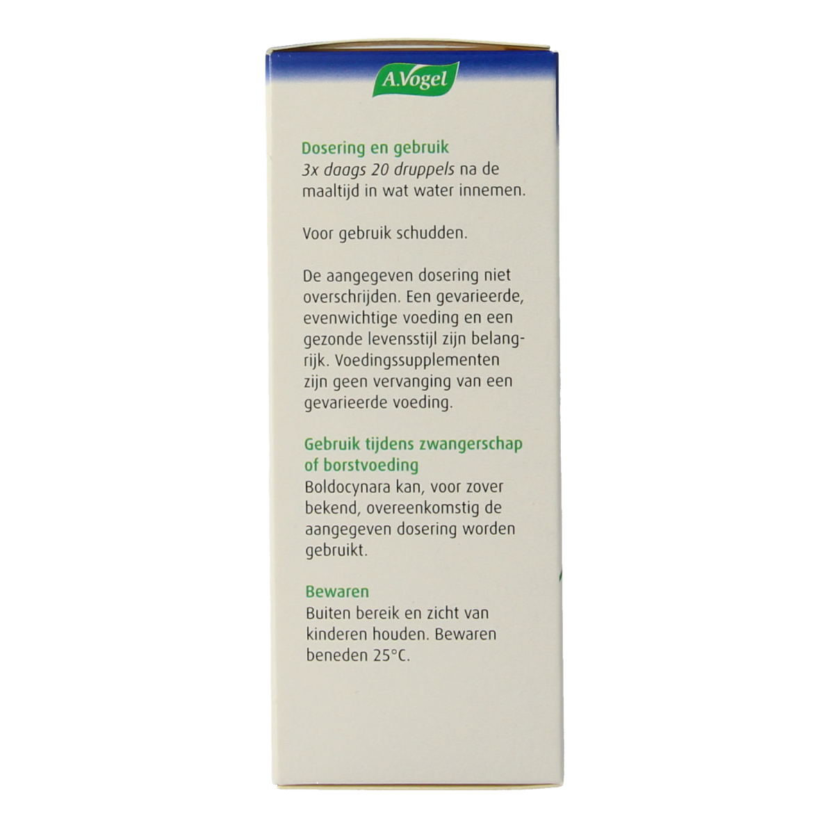 A Vogel Boldocynara herbal drops bottle with 50ml in clear packaging, featuring a label with herbal illustrations and product details.