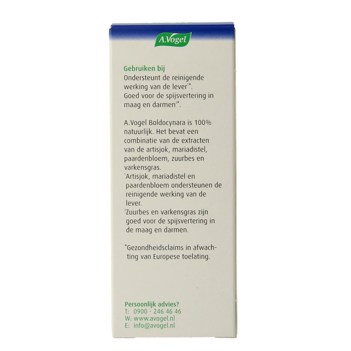 A Vogel Boldocynara herbal drops bottle, 50ml, in a clear glass container with a white label and dropper cap.