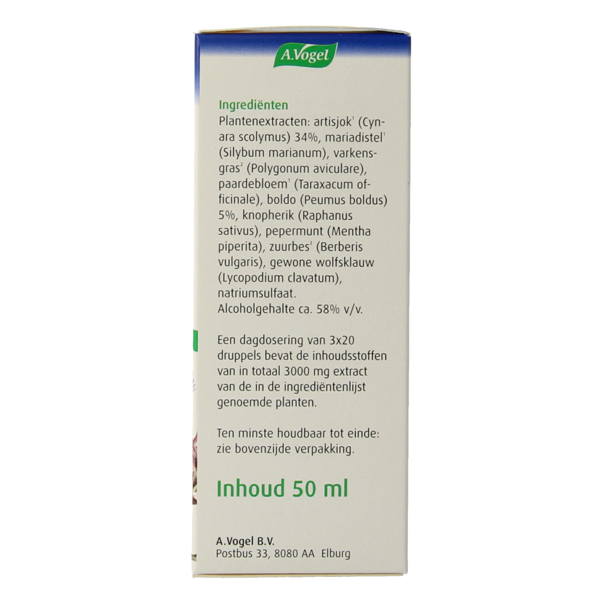 A Vogel Boldocynara herbal drops bottle, 50ml, with herbal ingredients and label, in a clear plastic container.