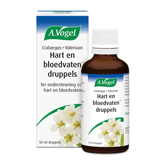 A Vogel Crataegus and Valeriaan herbal drops in a 50ml bottle, showing the product label and dropper cap.