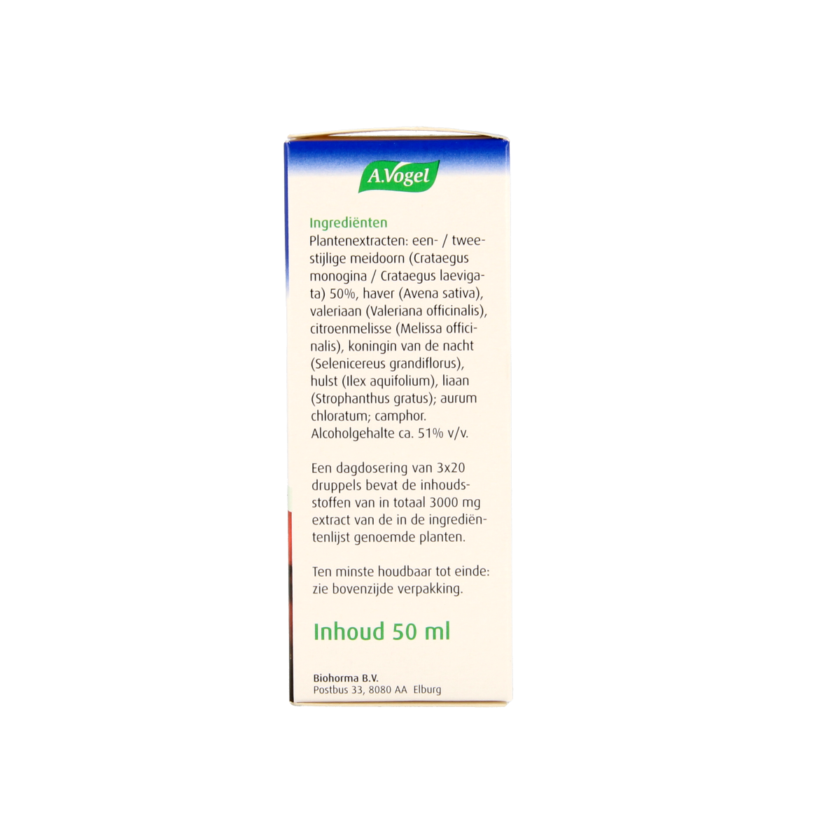 A Vogel Crataegus and Valeriaan herbal drops in a 50ml bottle, with label showing herbal ingredients and brand logo.